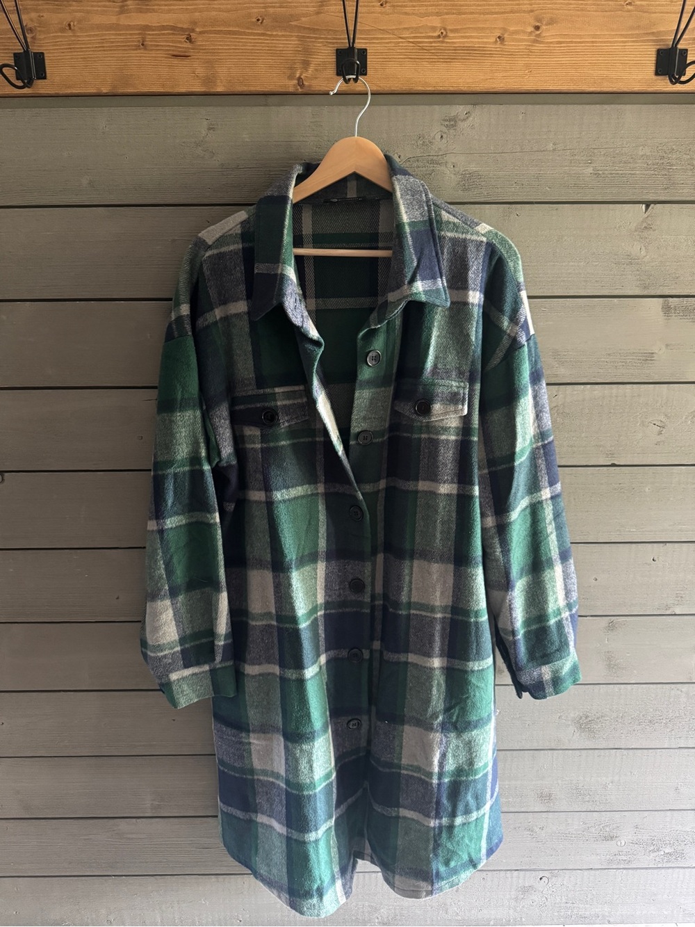 PrettyGarden Plaid Longline Shacket Coat - Green & Navy